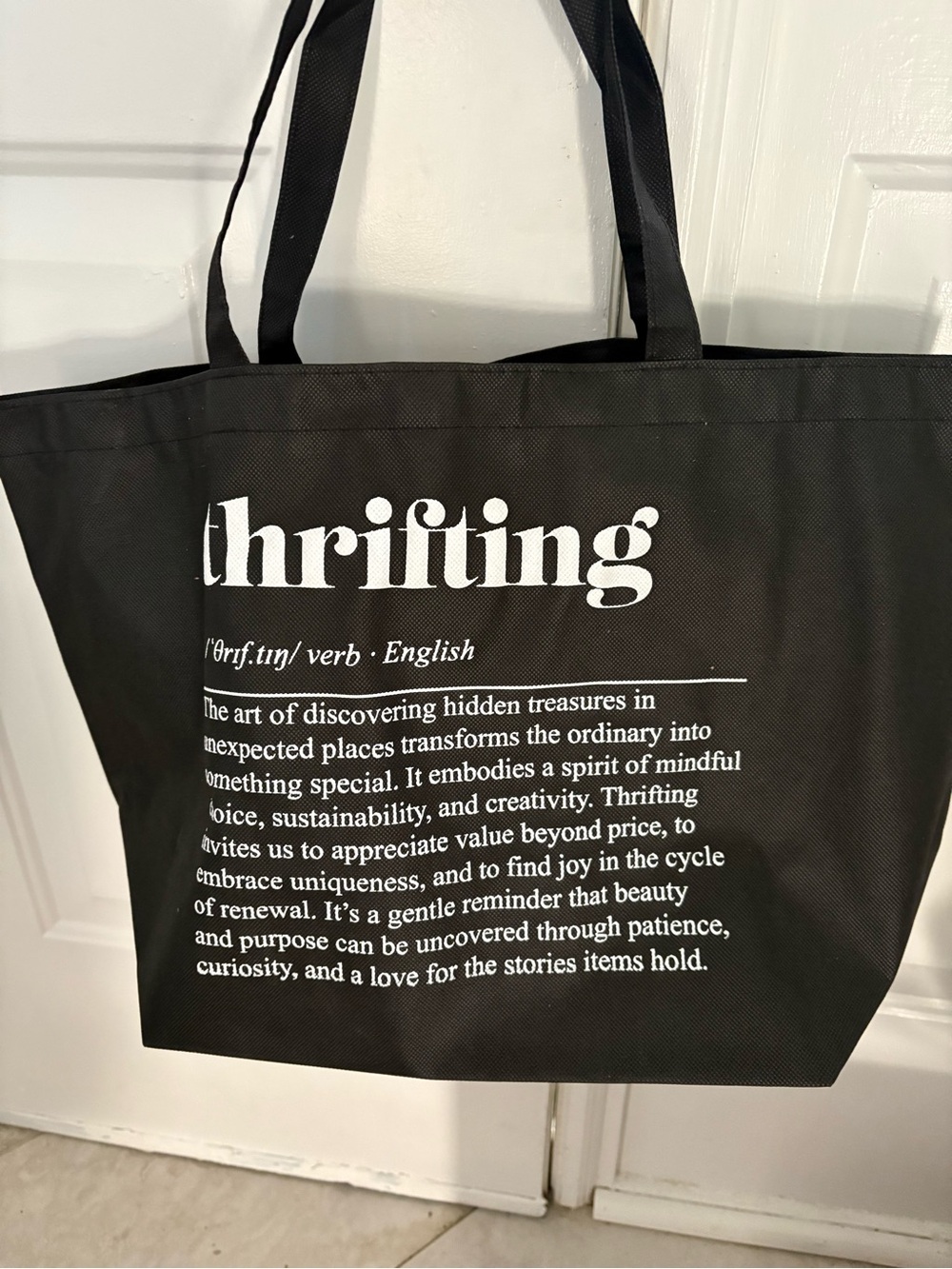 Thrifting Black Tote Bag with White Text - Casual Everyday Carry